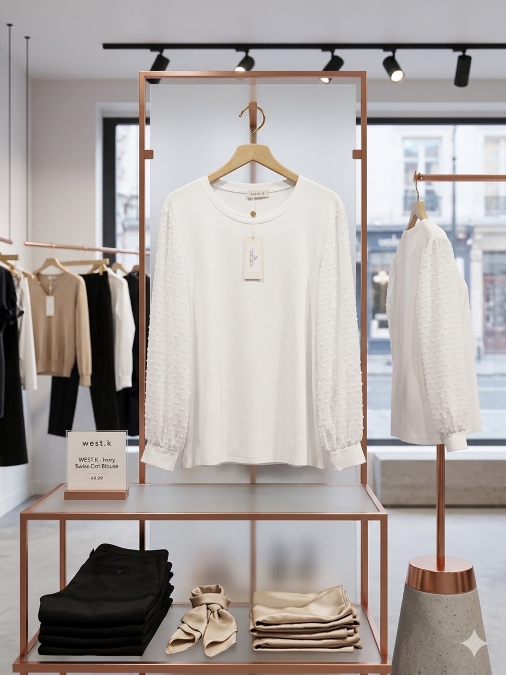 Ivory Swiss-Dot Long Sleeve Women's Blouse